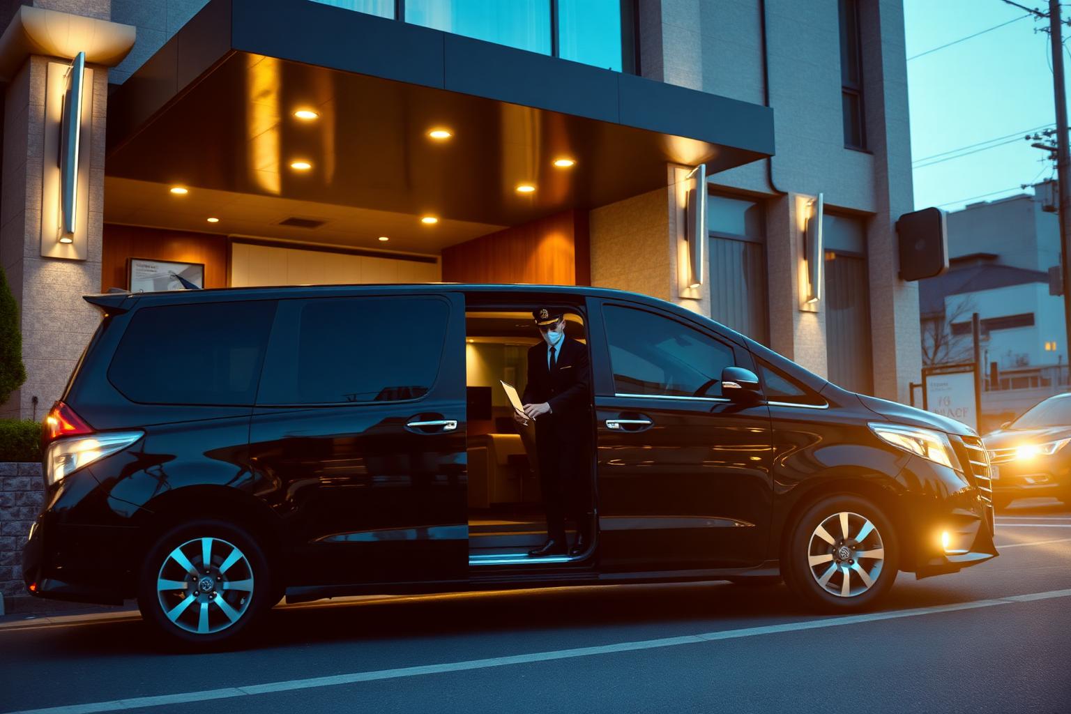 Private chauffeur opening the door of a luxury van outside a hotel in Japan